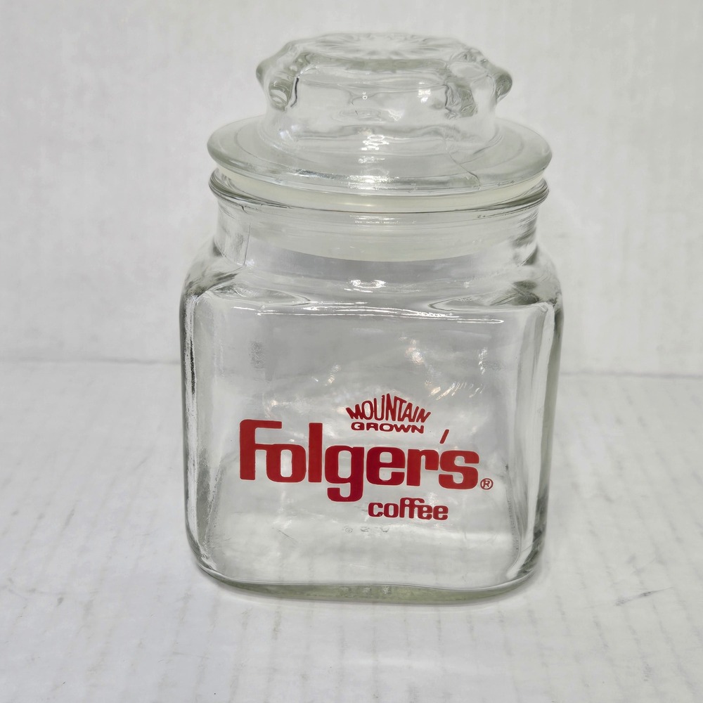 Vintage Folgers Mountain Grown Coffee Glass Jar Canister Clear Anchor Hocking